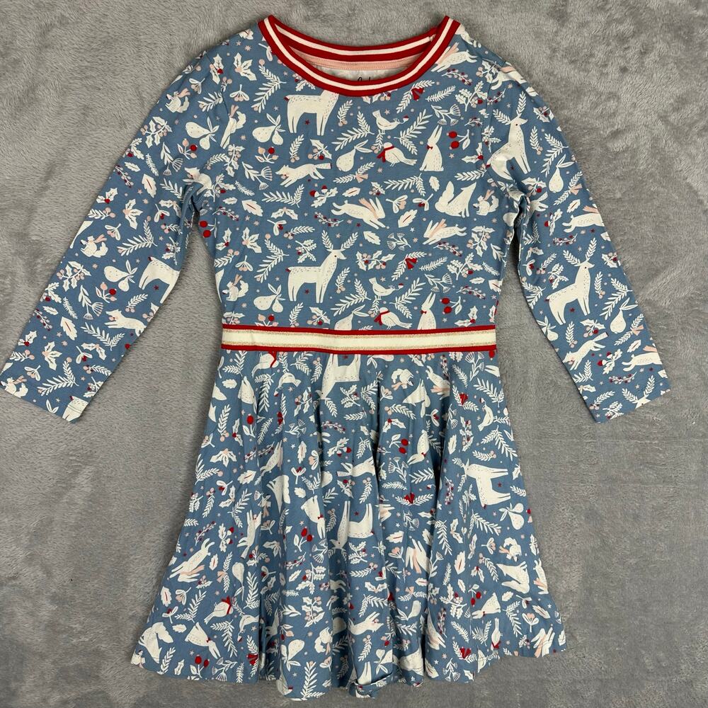 Mini Boden Girls 9-10Y Blue Printed Jersey Ballerina Dress Winter Woodland Deer